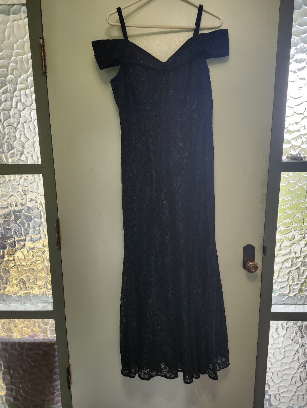 R & M Richards Black Off-Shoulder Lace Maxi Gown